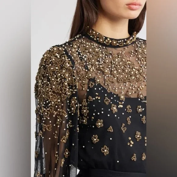 FARM RIO Black Embroidered Tulle Overlay Belted Long Sleeve Mini Dress,Small,398 - Picture 9 of 16